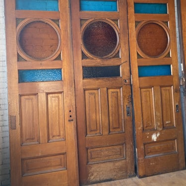 Large 3 Panel Swing Door w Stained Glass Circle and Rectangles