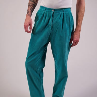 Vintage Teal Corduroy Pants 80s High Waisted Pleated Front Corduroy Trousers 32