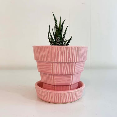 Vintage McCoy Basketweave Powder Pink Planter Brush Attached Saucer Mid-Century Pottery Pot 1950s 
