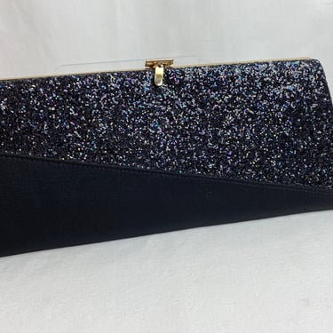Sleek 1960’s MCM black clutch purse purple sparkly glitter evening purse long thin sleek mod retro rectangular 