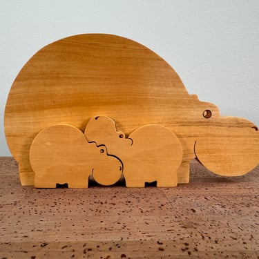Wooden Hippo Family Puzzle with Surprise Swing Boxes 