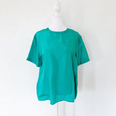 90s Silk Turquoise Short Sleeve Minimal Blouse | Medium/Large 