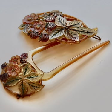 French Art Nouveau Flowers Berries Tinted Horn Hair Comb & Barrette 