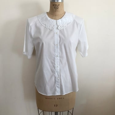 Oversized White Cotton Lace Blouse with Embroidered Collar - 1990s 