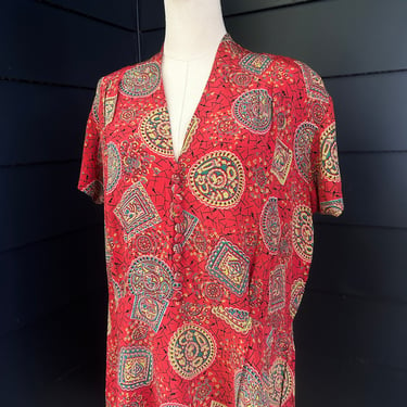 Elegant 1940s Paisley Rayon Print Peplum Dress 44 Bust Vintage Plus Size 