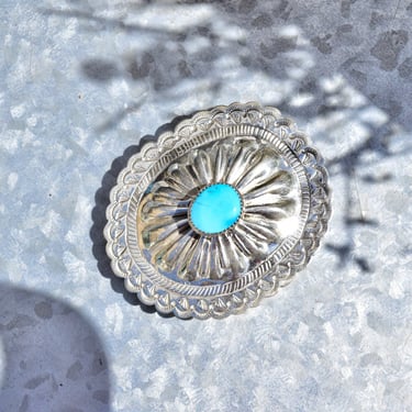 Vintage Native American Turquoise Concho Belt Buckle, Hammered Sterling Silver Buckle, Natural Turquoise Accent, 2 3/4" 