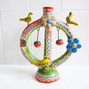 Vintage Mexico Tree of Life Candelabra 1 Taper - 1950s Hand Painted Ceramic Candle Holder - Dia De Los Muertos Day of The Dead 