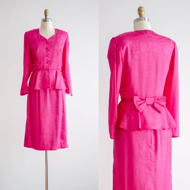 hot pink skirt suit 80s vintage barbiecore neon pink floral jacquard peplum suit 