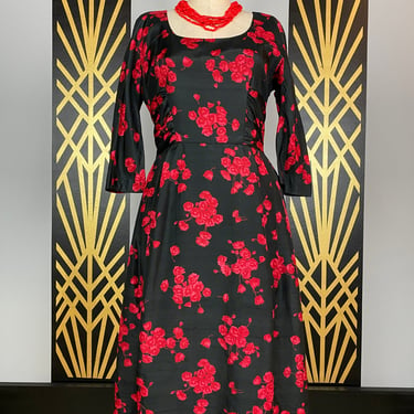 1950s silk dress, black and red floral, vintage 50s dress, mrs maisel style, abe Schrader, bow back, cummerbund, pockets, 29 30 waist 