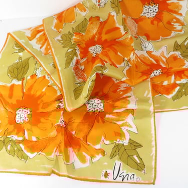 Vintage 1960s Vera Ladybug Nylon Scarf Tropical Floral Hibiscus Orange Gold 