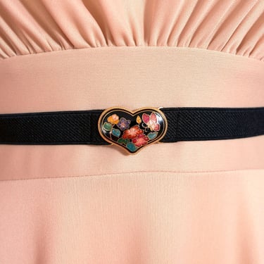 Beautiful Vintage 80s Butterfly & Flowers Little Cloisonné Heart Stretch Belt in Black 