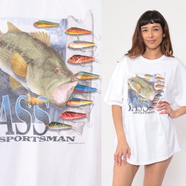 90s Bass Sportsman T-Shirt Fishing TShirt Sonoma Jean Company Graphic Fish Tee White Single Stitch Vintage 1990s Extra Large xl 