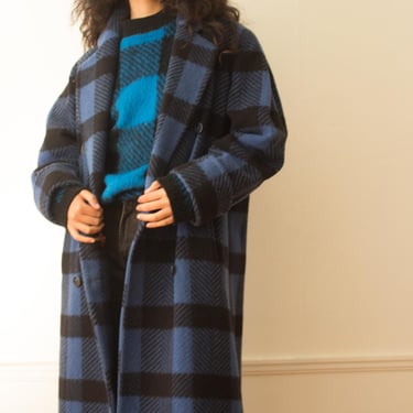 1980s Peabody House Blue And Black Oversize Check Coat 