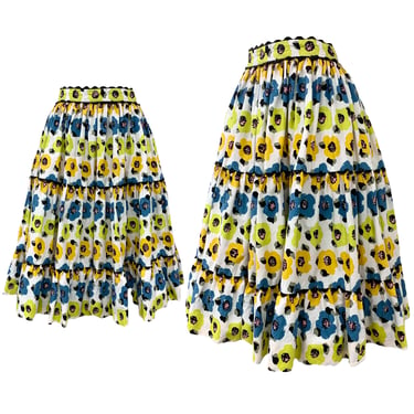 Vtg Vintage 1950s 50s Tiered Poppy Floral Ricrac Circle Pinup Rockabilly Skirt 