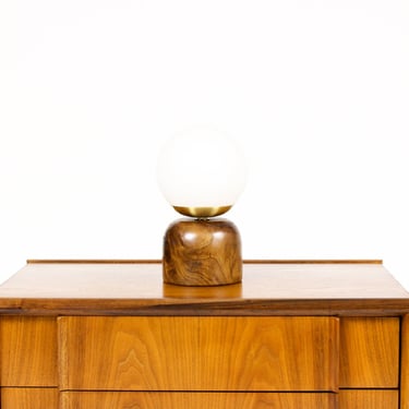 Studio Craft Modernist Walnut Accent Table Lamp — Lathe Turned with Glass Globe + Brass — TL10 