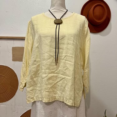 Hot Cotton Pale Yellow Soft Linen Long Sleeve Side Slit Top USA made Large 