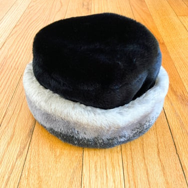 80s Black and Gray Faux Fur Folded Cuff Hat | One Size 