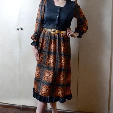 Vintage Black & Orange Midi Dress 
