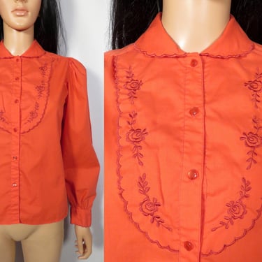 Vintage 80s/90s Coral Color Western Embroidered Floral Bib With Scalloped Edge Peter Pan Collar Pearl Button Blouse Size S 