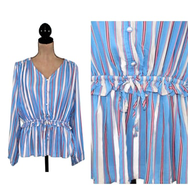 Long Sleeve Blue Striped Blouse, Button Up Rayon Shirt, Oversized Peplum Top with Drawstring Waist, Casual Clothes Women New Boho Clothing 