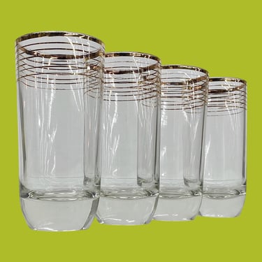 Vintage Drinking Glasses Retro 1960s Mid Century Modern + Gold Rim + Clear Cylinder Frames + Weighted Bottom + Set of 4 + MCM Water Tumblers 