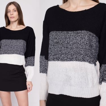 M| 80s Color Block Knit Sweater - Medium | Vintage Black White Gradient Striped Pullover 