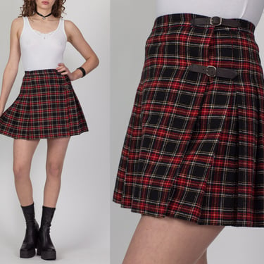 90s Red & Black Plaid Mini Wrap Skirt - Small, 26