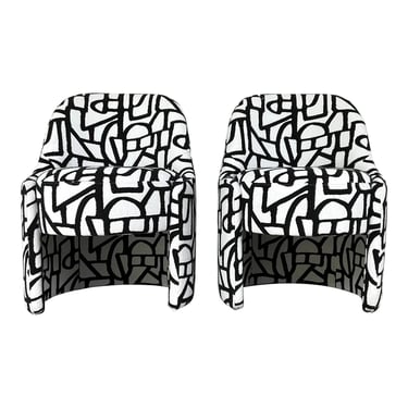Revelation Abstract Modern Black and White Boucle Barrel Back Cozy Capsule Chairs Pair