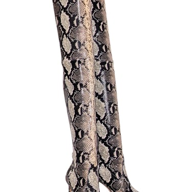 Stuart Weitzman - Beige & Black Snake Skin Print Heeled Tall Boots Sz 6.5