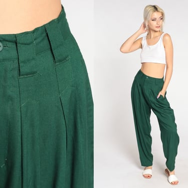 Green Pleated Trousers 90s High Waisted Pants Retro Tapered Leg Slacks Office Preppy High Waisted Rise Basic Vintage 80s Petite Small 6 