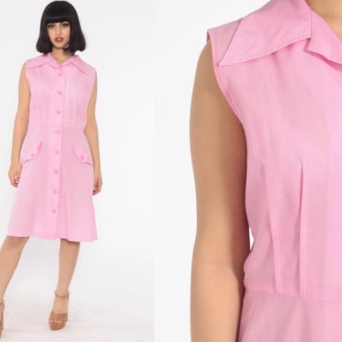 70s Mod Dress Bubblegum Pink Sleeveless Mini Button Up Shift Twiggy 1970s Vintage Pocket Knee Length Collared Midi Cotton Blend Medium 