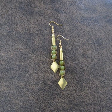 Minimalist earrings, brass mid century earrings, statement brutalist earrings, geometric earrings, simple dangle earrings, green jadeite 