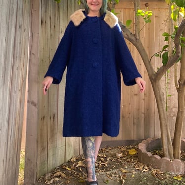 Vintage 1960’s Blue Wool Swing Coat with Mink Collar 