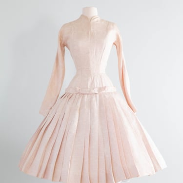 1950's Pretty In Pink Brocade Cocktail Dress With Dropped Waist and Bow / Small
