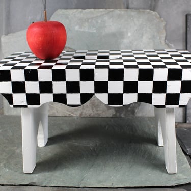 Refurbished Wooden Step Stool | Hand-Painted Black & White Check | Up-Cycled Vintage Stool for Kitchen, Bath, or Child's Room 