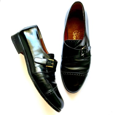 Vintage Salvatore Ferragamo Monk Strap Shoes // Black Leather Shoes Cap Toe 