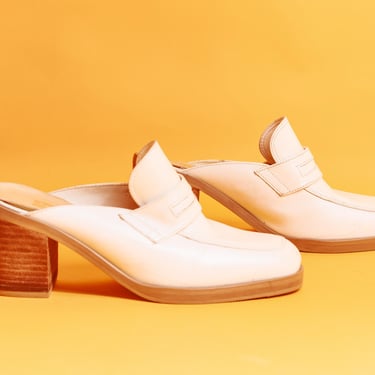 80s White Leather Block Heel Mules Vintage Loafer Slip on Chunky Heel Shoes 