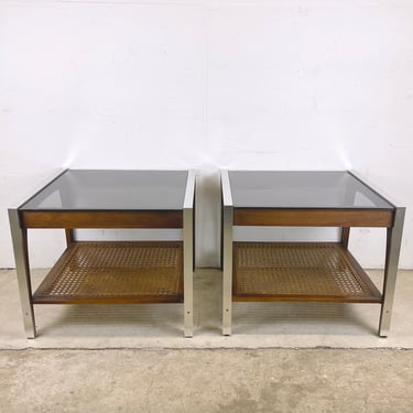 Mid-Century Lamp Tables With Smoked Glass and Cane Shelf 