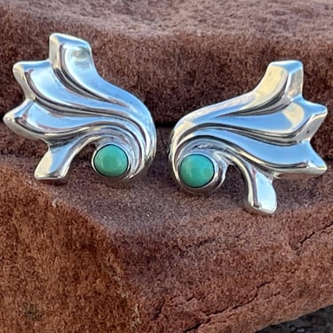 Vintage Mexico Sterling Silver Winged Screw Back Earrings with Round Teal Cab c. 1950's 