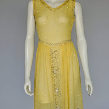 antique 1920s yellow dress w/ beading and sequins XS 