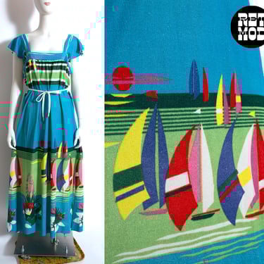 Lovely Vintage 70s Blue Terrycloth Maxi Dress with Sailboat Tropical Novelty Print 