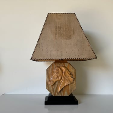 Vintage French Art Deco Carved Horse Head Wood Table Lamp 