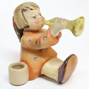 Antique Hummel Goebel Candle Holder Joyous News Horn Sitting Angel with Wings and Trumpet Porcelain Figurine #40 Germany Full Bee, Vintage 