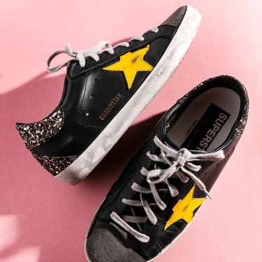 GOLDEN GOOSE Black Leather Sequin Yellow Star Superstars (Sz. 40)