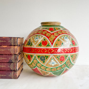 Camelskin Lampshade Moroccan Handpainted Balloon Vase Camel Leather Large Round Shade Vase Islamic Mid Century Red Green Gold Exotic Travel 