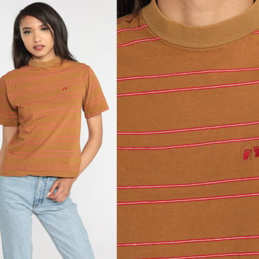 Hang Ten Shirt 80s Striped TShirt Brown Red Crewneck T Shirt Feet Logo Retro Surfer Tee Hipster Surf Shirt Normcore Vintage 1980s Small S 