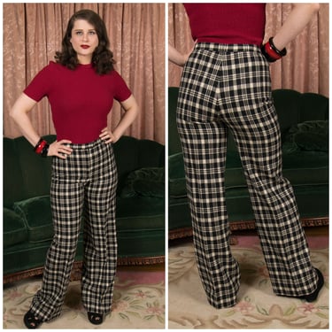 1970s Pants - Cute Late 60s/Early 70s Flared Leg Wool Plaid Pants with Dropped Waist in Black and Ivory 