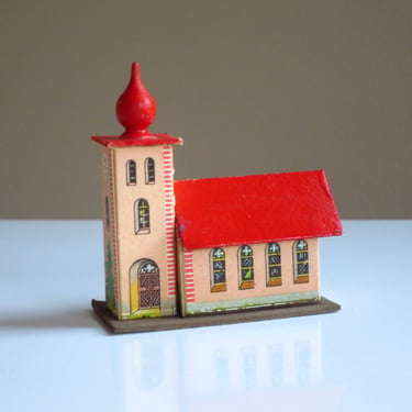 Mid-Century Miniature Church made in E Germany, Super Kitsch Lithograph Putz Church 