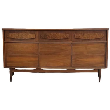 Free shipping within continental US - Vintage Mid Century Modern Dresser with Burl-wood Accents Dovetailed Drawers 