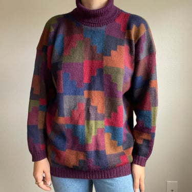 Vintage 80s Millma 100% Alpaca Rainbow Geometric Turtleneck Handloomed Sweater S 
